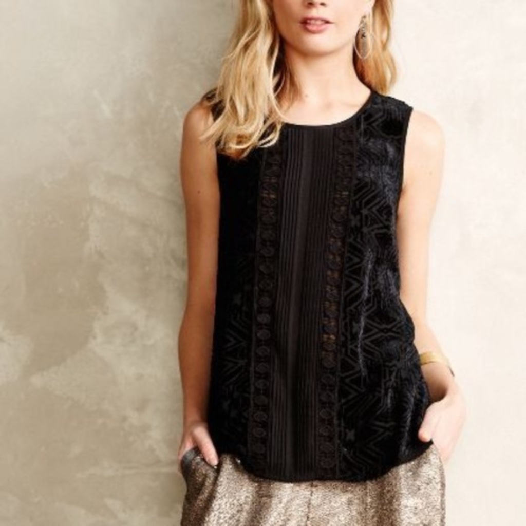Anthro Meadow Rue Laced Velvet Tank Top Black Size Small